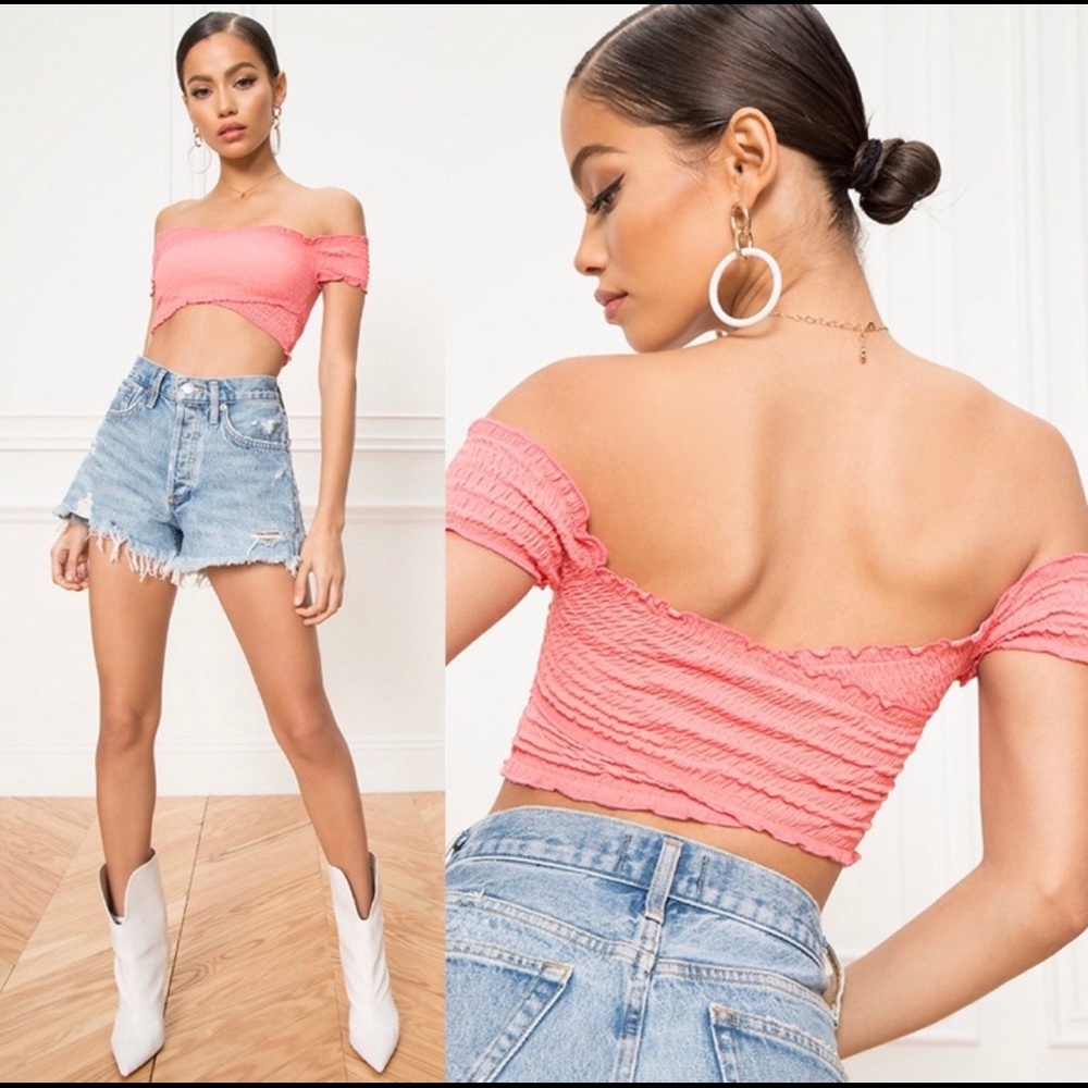 SUPERDOWN AUDRINA CORAL PINK SMOCKED CROP TOP